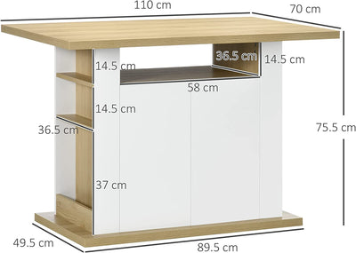 Tavolo Da Cucina per 4-6 Persone, Tavolo Da Pranzo Con Armadietti 2 Ante E Mensole, 110X70X75.5Cm, Bianco E Legno