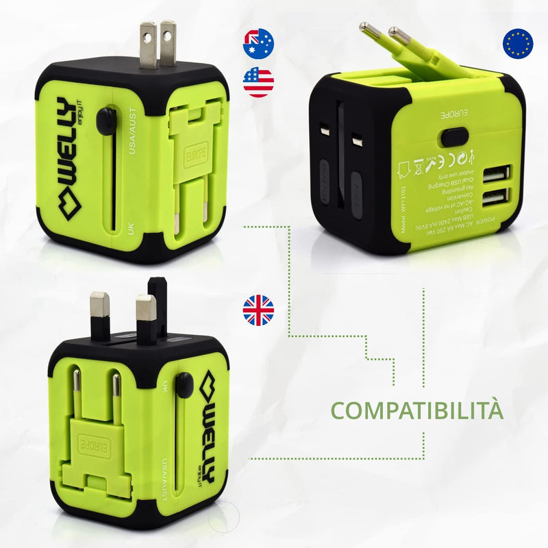 Adattatore Universale Da Viaggio Compatto per Prese Elettriche Spine Europa Uk Usa Australia All-In-One Presa 6,0A Incorporata 2 Porte Usb 5V/2400Ma per Caricare Smartphones/Tablet