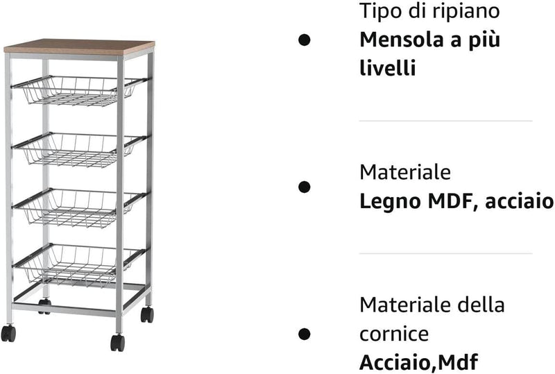 Carrello Cucina Salvaspazio Ruote 4 Cesti Acciaio Legno 36.5 × 36.5 × 89Cm