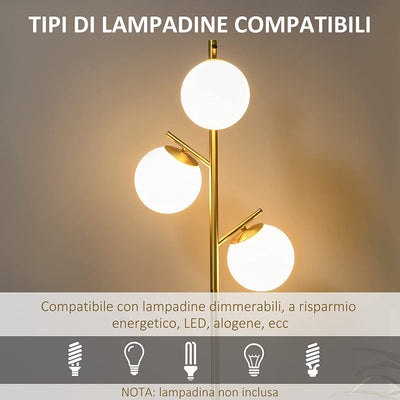 Lampada Da Terra Moderna Con 3 Punti Luce, Lampada a Piantana in Acciaio E Vetro, Ø27X169Cm, Oro